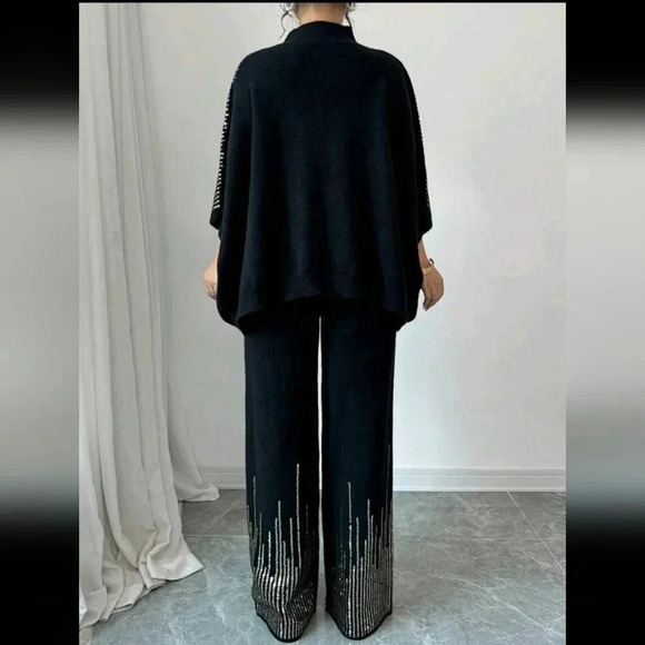 Women's Sequin Patchwork Batwing Sleeve Sweater And Knitted Pants Loose Suit - Picture 2 of 6